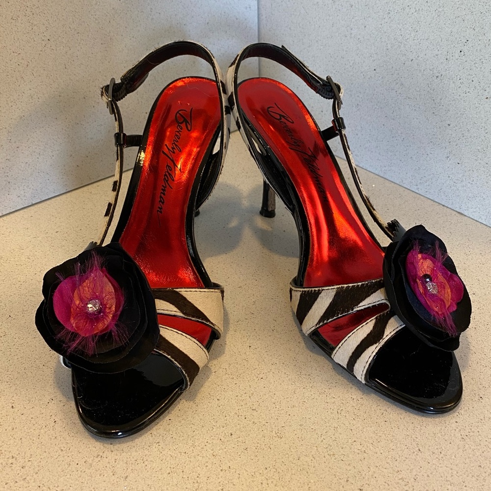 Beverly Feldman zebra print pony hair heels
